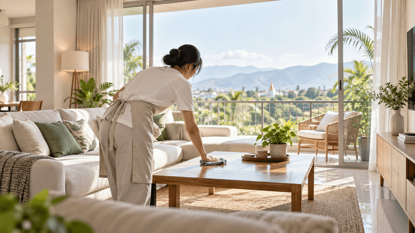Cleaner wiping down a table in a bright Chiang Mai apartment